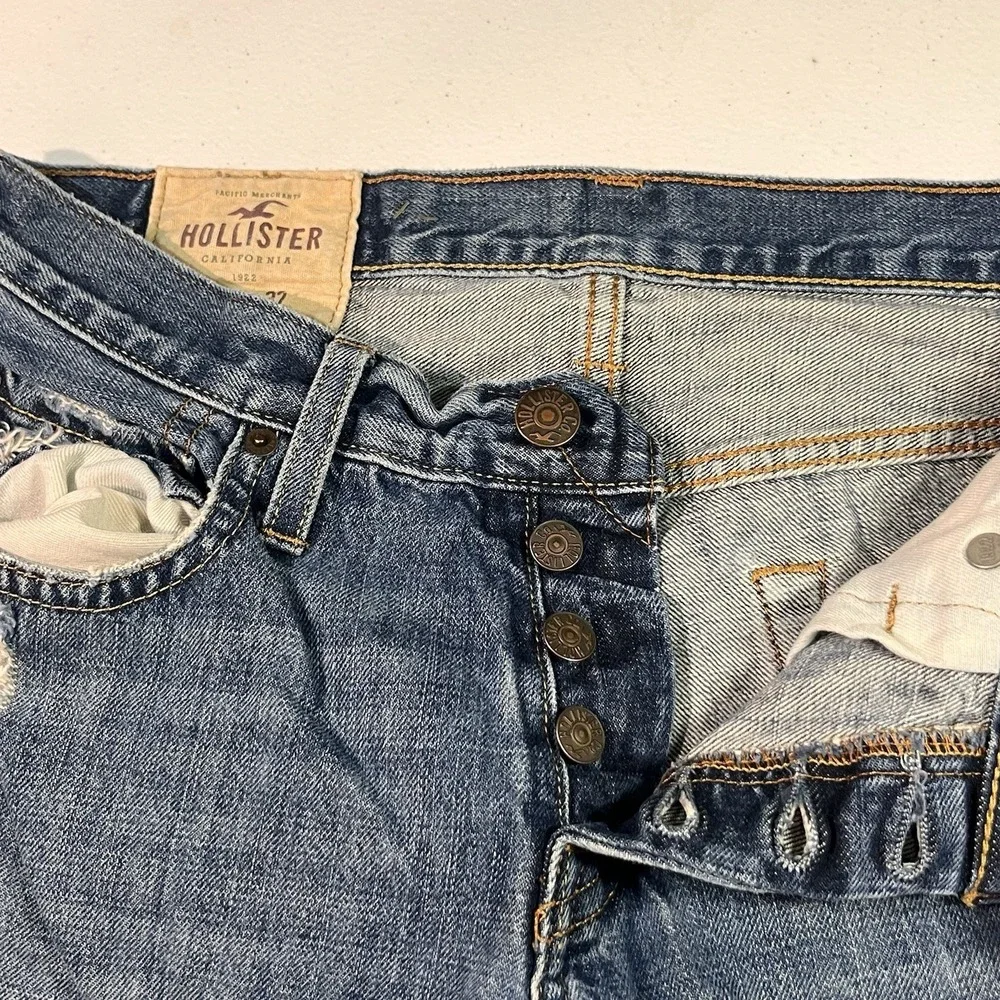Hollister Slim Straight Jeans Men's 31x32 Blue Medium Wash Button Fly Distressed